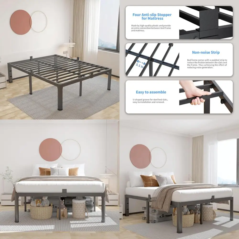 16 Inch King Size Metal Bed Frame with Rounded Corners, Headboard Hole, and Mattress Support, 3500 lbs Capacity
16 Inch King Size Metal Bed Frame with Rounded Corners, Headboard Hole, and Mattress Support, 3500 lbs Capacity