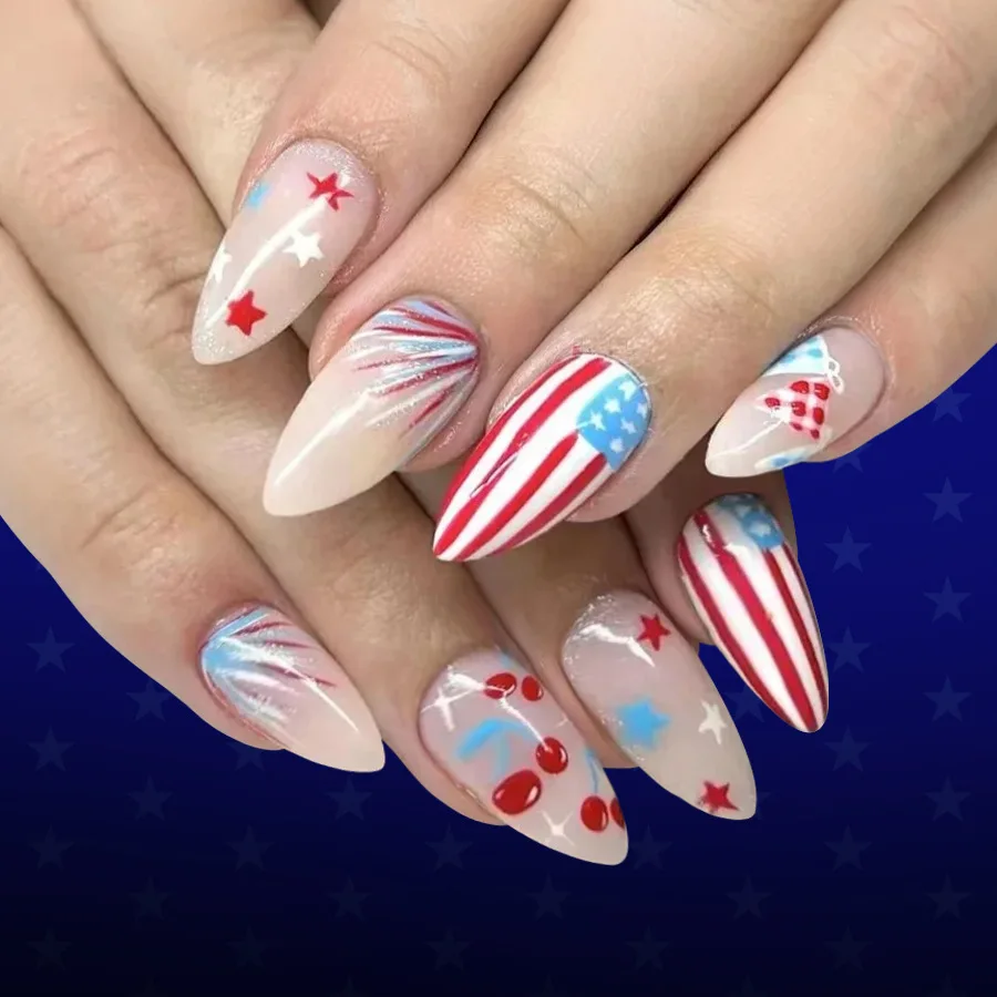 24PCS Red White Blue Press on Nails with Sweet Printed Cherry Accents Bold Patriotic Nail Art for Women Summer Fake Nails Wear
24PCS Red White Blue Press on Nails with Sweet Printed Cherry Accents Bold Patriotic Nail Art for Women Summer Fake Nails Wear