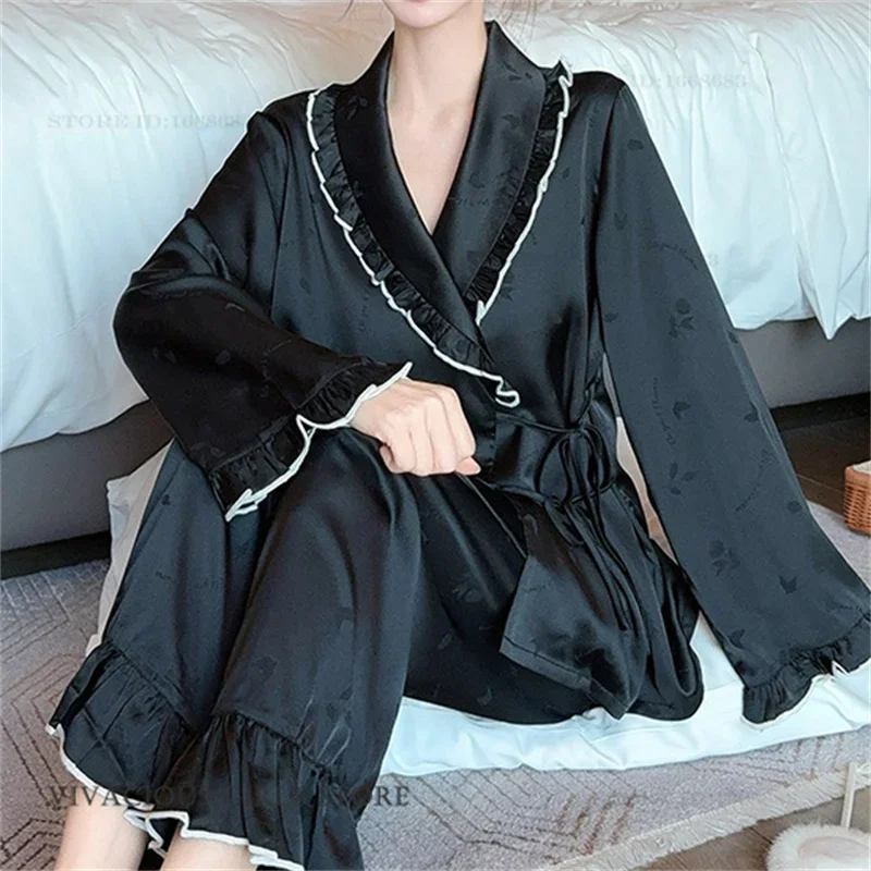 French Style Women's Pajamas Set Long Sleeve Trouser Suit Spring Summer New Silk Satin Sleepwear Loungewar Loose Homewear Pyjama
French Style Women's Pajamas Set Long Sleeve Trouser Suit Spring Summer New Silk Satin Sleepwear Loungewar Loose Homewear Pyjama