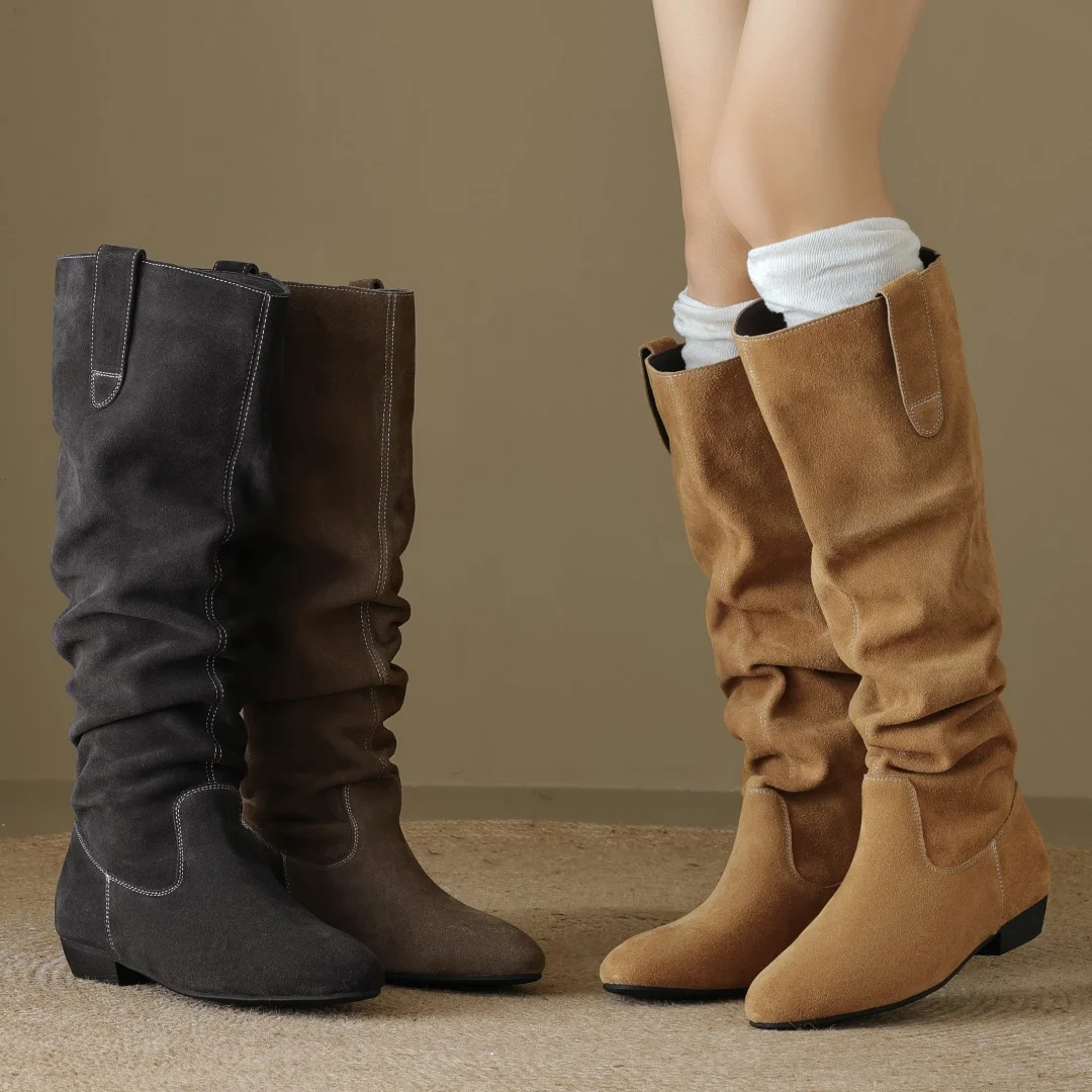 Women's natural suede leather round toe pleated slip-on autumn knee high boots casual female high quality long boots shoes woman
Women's natural suede leather round toe pleated slip-on autumn knee high boots casual female high quality long boots shoes woman