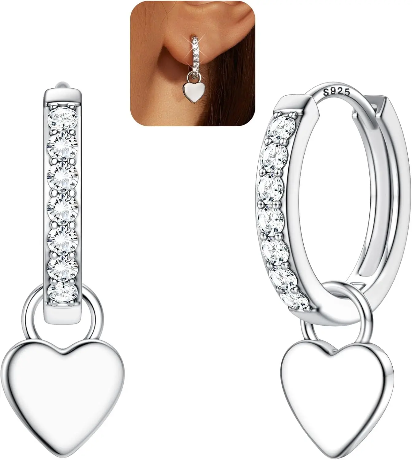Sterling Silver Heart Charm Hoop Earrings for Women | Lightweight Hypoallergenic Drop Dangle Huggie with Shiny CZ
Sterling Silver Heart Charm Hoop Earrings for Women | Lightweight Hypoallergenic Drop Dangle Huggie with Shiny CZ