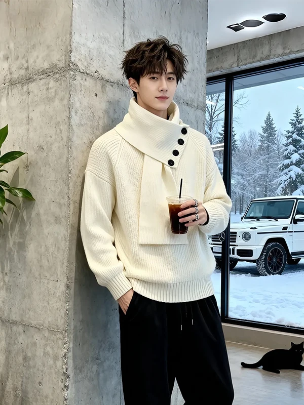 White Half-High Collar Knitted Sweater Men Winter Korean Style Lazy Neck Scarf Integrated Base Layer Sweater Casual Loose Fit
White Half-High Collar Knitted Sweater Men Winter Korean Style Lazy Neck Scarf Integrated Base Layer Sweater Casual Loose Fit