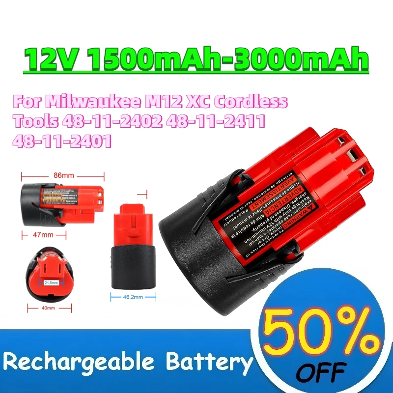 In Stock 12V 1.5Ah-3.0Ah Rechargeable Li-ion Battery for Milwaukee M12 XC Cordless Tools 48-11-2402 48-11-2411 48-11-2401
In Stock 12V 1.5Ah-3.0Ah Rechargeable Li-ion Battery for Milwaukee M12 XC Cordless Tools 48-11-2402 48-11-2411 48-11-2401