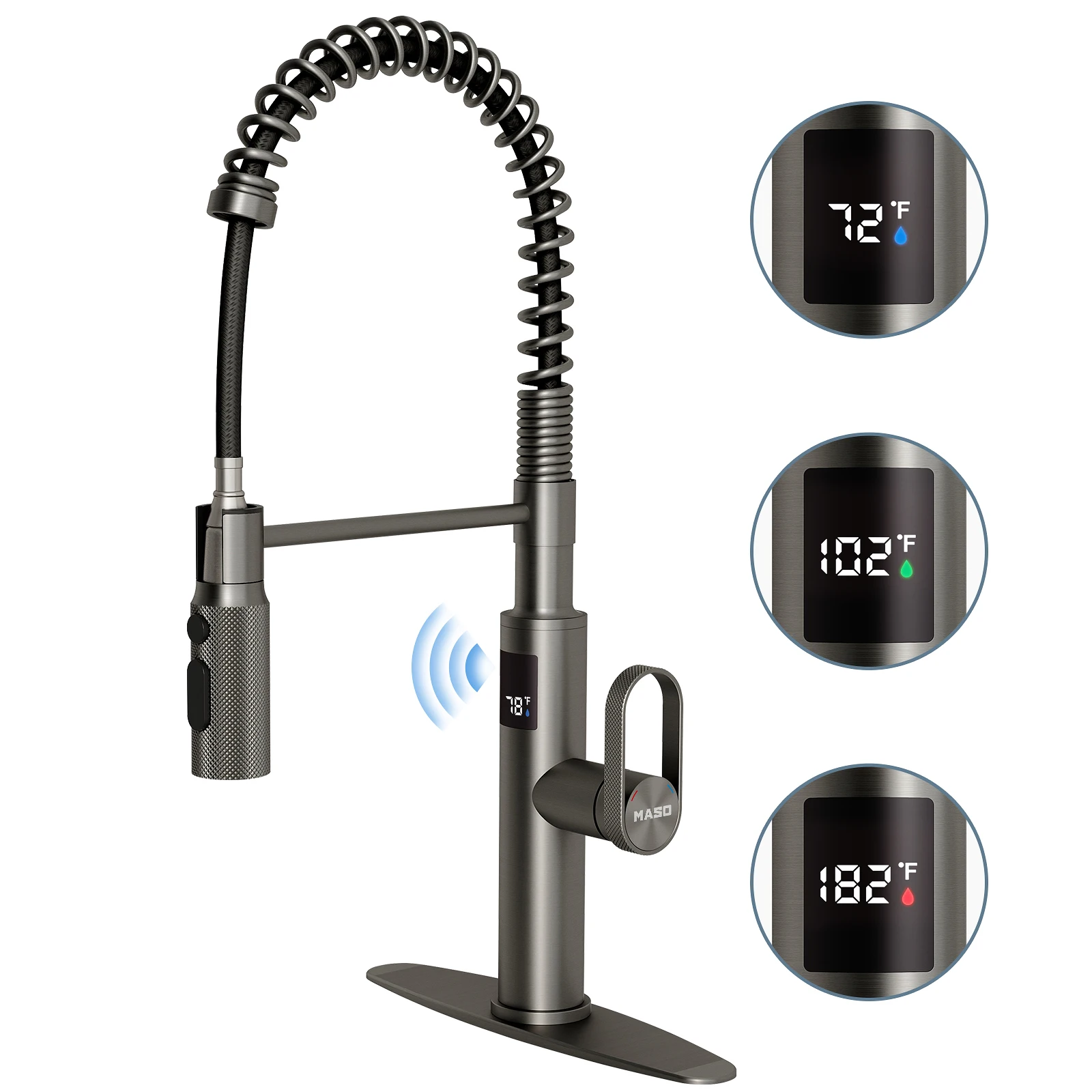 MASO Touchless Spring Kitchen Faucet, Pull-Down, 3 Spray Modes, Temp Display °F, 360° Swivel, Single Handle, Brushed Gray
MASO Touchless Spring Kitchen Faucet, Pull-Down, 3 Spray Modes, Temp Display °F, 360° Swivel, Single Handle, Brushed Gray