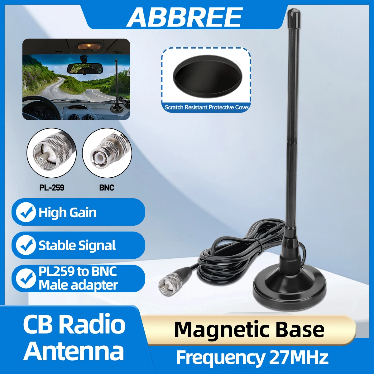 ABBREE AD-275 CB Radio Antenna Magnetic Base Frequency 27MHz PL259 to BNC Male Adapter 3m Length Mobile Ham CB Radio for Driving
ABBREE AD-275 CB Radio Antenna Magnetic Base Frequency 27MHz PL259 to BNC Male Adapter 3m Length Mobile Ham CB Radio for Driving