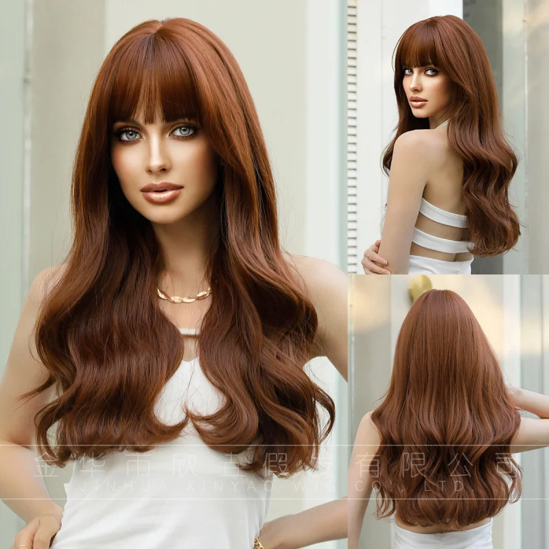 Women's dark orange long curly hair with bangs, everyday full head wig, fashionable and natural
Women's dark orange long curly hair with bangs, everyday full head wig, fashionable and natural