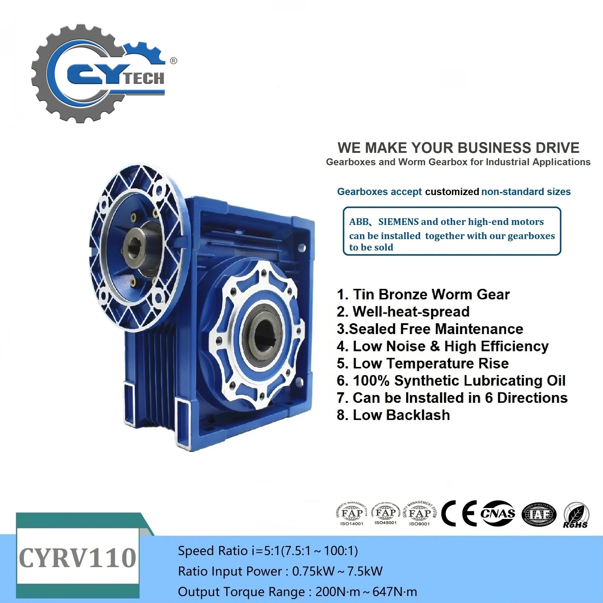 CHENYUE High Torque Worm Gearbox Speed Reducer Gear Motor CYRV110 Input19/24/28/38mm Ratio 5:1/100:1 Tin bronze Worm gear
CHENYUE High Torque Worm Gearbox Speed Reducer Gear Motor CYRV110 Input19/24/28/38mm Ratio 5:1/100:1 Tin bronze Worm gear