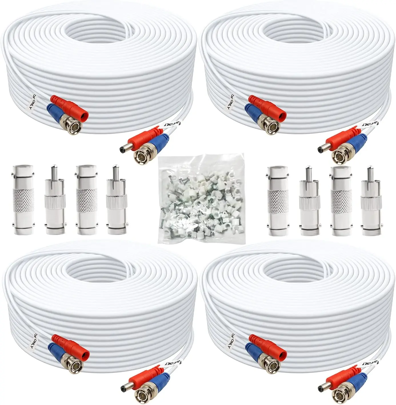 25ft 4-Pack BNC Video Power Cable for CCTV Cameras, Includes 8 Adapters & 100 Clips - White
25ft 4-Pack BNC Video Power Cable for CCTV Cameras, Includes 8 Adapters & 100 Clips - White