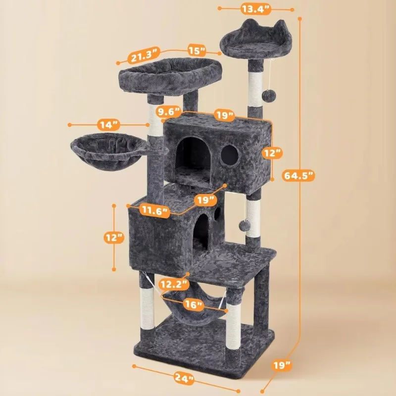 64.5in Extra Large Multi-Level Cat Tree Kittens Play House Condo with Platform, Perch Hammock & Scratching Posts, Dark Gray
64.5in Extra Large Multi-Level Cat Tree Kittens Play House Condo with Platform, Perch Hammock & Scratching Posts, Dark Gray