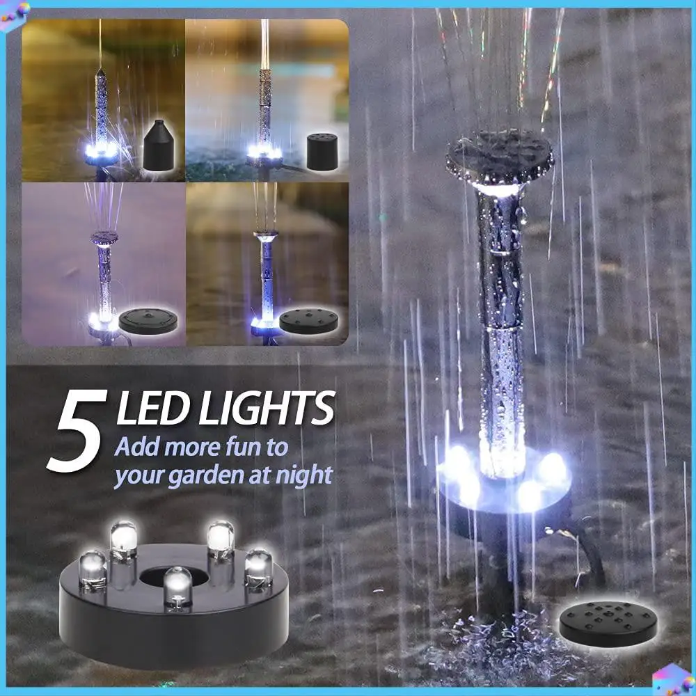 A43T Fountain Pump Solar Fountain Pump 5 LED Lights 3.6W Solar Fountain Water Pump Flow 200L/H With 5 Fountain Style For Pool
A43T Fountain Pump Solar Fountain Pump 5 LED Lights 3.6W Solar Fountain Water Pump Flow 200L/H With 5 Fountain Style For Pool