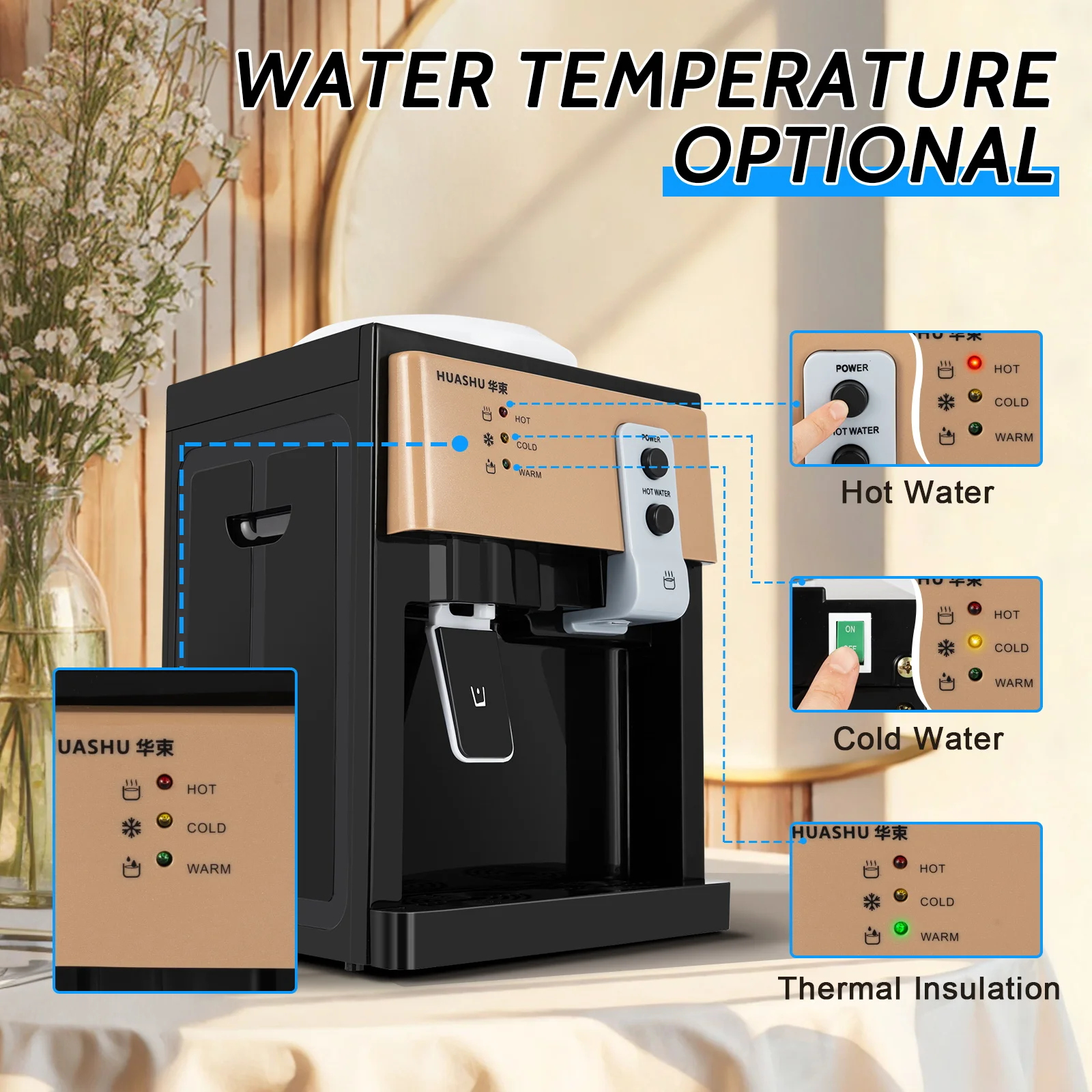 Top Loading Water Dispenser Champagne Gold Black 304 Stainless Steel 3 Temp Hot Cold Warm Hot Water Cold Water
Top Loading Water Dispenser Champagne Gold Black 304 Stainless Steel 3 Temp Hot Cold Warm Hot Water Cold Water