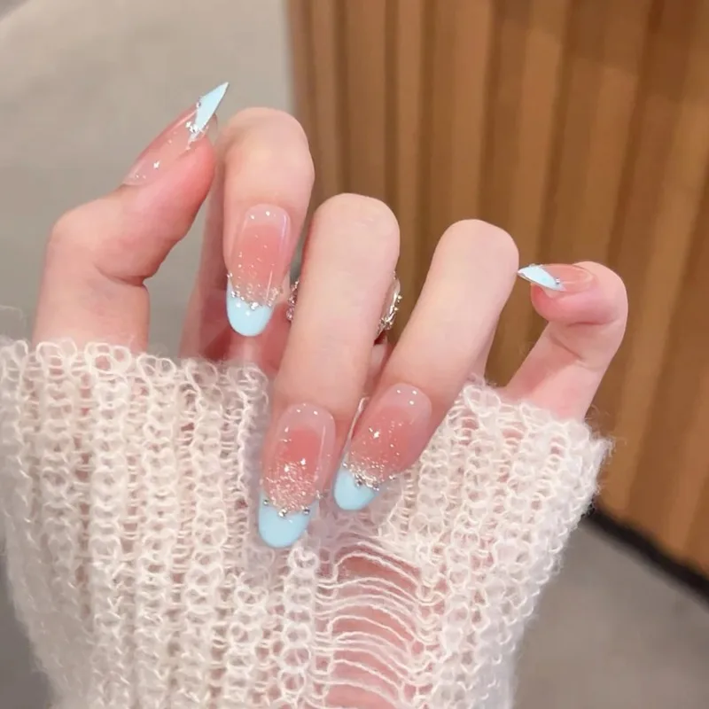 24PCS Shiny Nude Pink Cat Eye False Nails Sweet Blue French with Diamonds Press on Nails Full Cover Detachable Almond Nail Tips
24PCS Shiny Nude Pink Cat Eye False Nails Sweet Blue French with Diamonds Press on Nails Full Cover Detachable Almond Nail Tips