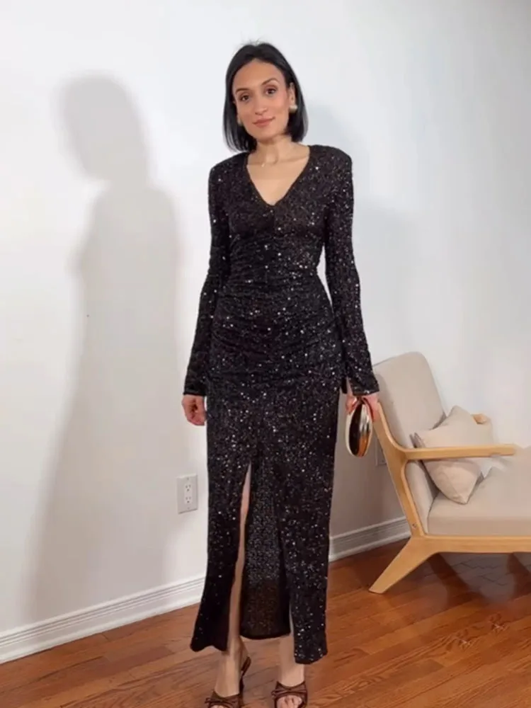 HH женские элегантные сексуальные тонкие платья с v-образным вырезом однотонные с длинными рукавами и блестками украшения женские весенние новые модные длинные платья с разрезом
HH женские элегантные сексуальные тонкие платья с v-образным вырезом однотонные с длинными рукавами и блестками украшения женские весенние новые модные длинные платья с разрезом