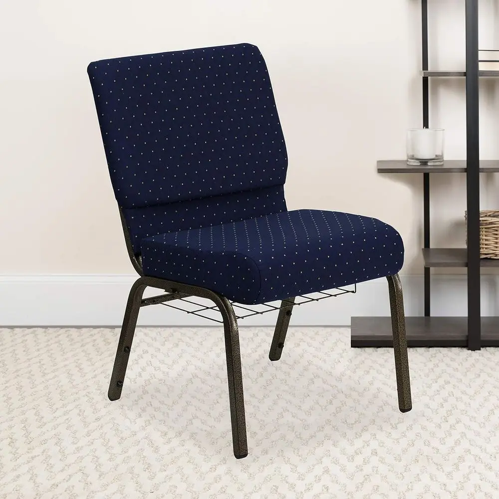 21 W Church Chair with Navy Blue Fabric and Gold Vein Book Rack
21 W Church Chair with Navy Blue Fabric and Gold Vein Book Rack