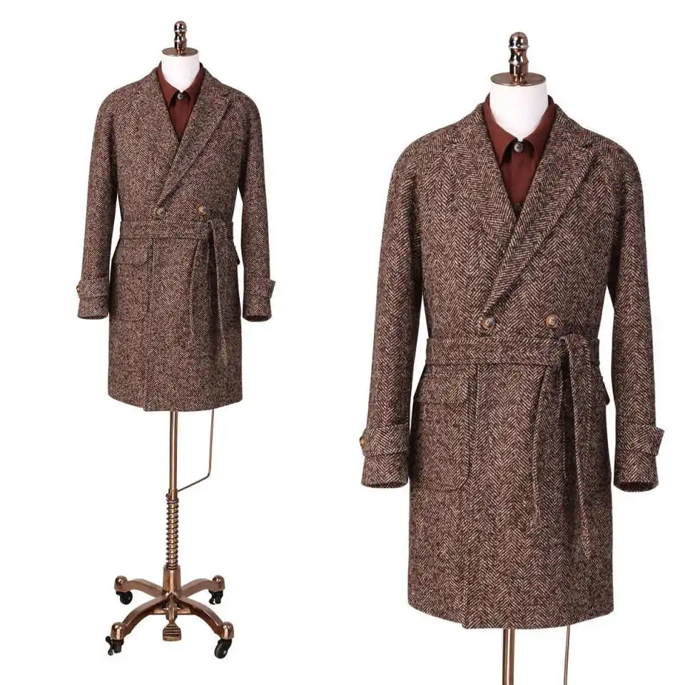 Vintage Men's Herringbone Wool Blend Overcoat Double Breasted Belted Mid Length Trench Coat For Autumn Winter Custom Made
Vintage Men's Herringbone Wool Blend Overcoat Double Breasted Belted Mid Length Trench Coat For Autumn Winter Custom Made