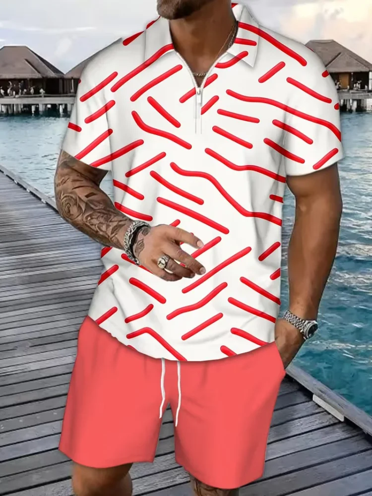 Men's Red Curved Stripe Print Outfits Half Zip Polo Shirts And Solid Shorts 2PCS Matching Tracksuit Set Summer Holiday Beachwear
Men's Red Curved Stripe Print Outfits Half Zip Polo Shirts And Solid Shorts 2PCS Matching Tracksuit Set Summer Holiday Beachwear
