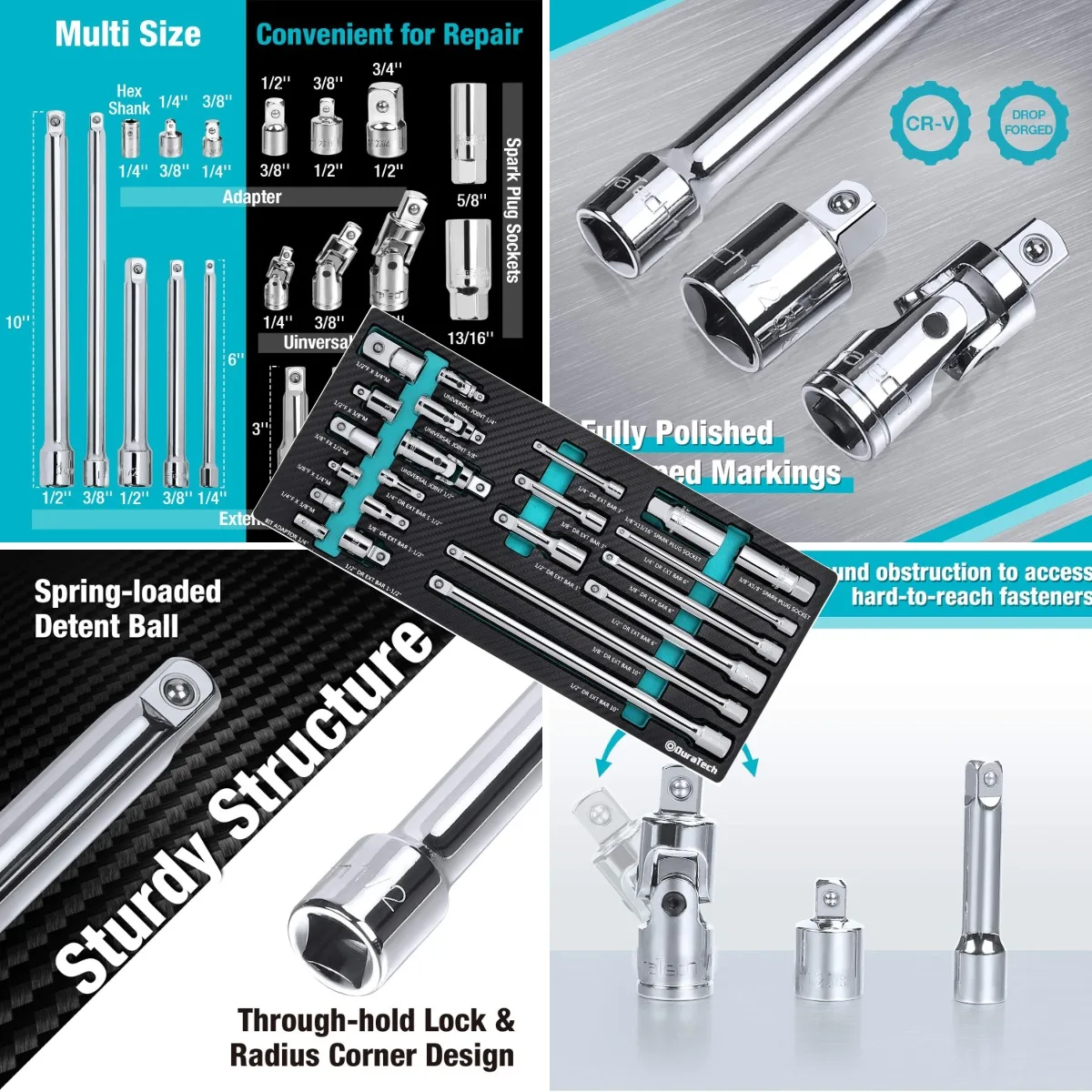22-Piece Drive Tool Accessory Set, Including 1/4 3/8 1/2 Extension Bars, Socket Adapters, Universal Joints, Spark Plug Sockets,
22-Piece Drive Tool Accessory Set, Including 1/4 3/8 1/2 Extension Bars, Socket Adapters, Universal Joints, Spark Plug Sockets,