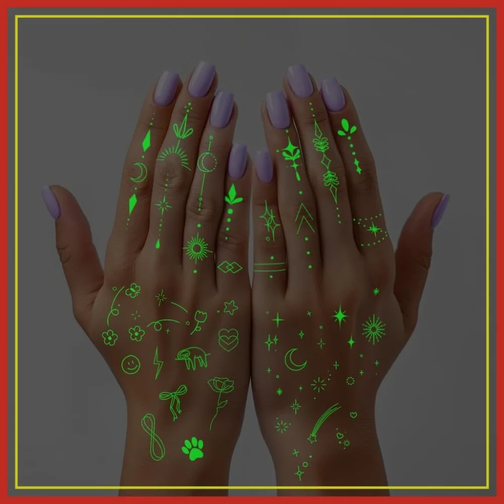 Glow-in-the-Dark Temporary Tattoos for Women Minimalist Small Finger Tattoos Boho Decorations Fine Line Art Fake Tattoo Stickers Kit 50 Pcs
Glow-in-the-Dark Temporary Tattoos for Women Minimalist Small Finger Tattoos Boho Decorations Fine Line Art Fake Tattoo Stickers Kit 50 Pcs