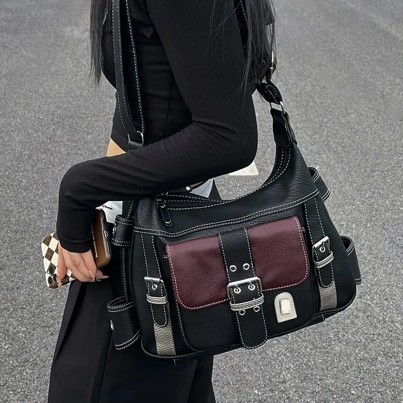 Vintage Leather Women's Bag Y2k Spicy Girl Motorcycle Crossbody Bag Large Capacity Contrasting Single Shoulder Bags
Vintage Leather Women's Bag Y2k Spicy Girl Motorcycle Crossbody Bag Large Capacity Contrasting Single Shoulder Bags