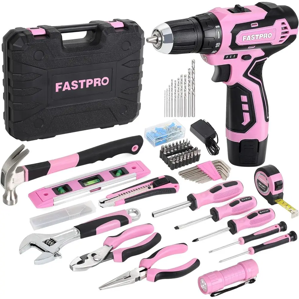 160-Piece Pink Tool Kit with 12V Drill Driver for Women's Home Repair and DIY Projects
160-Piece Pink Tool Kit with 12V Drill Driver for Women's Home Repair and DIY Projects