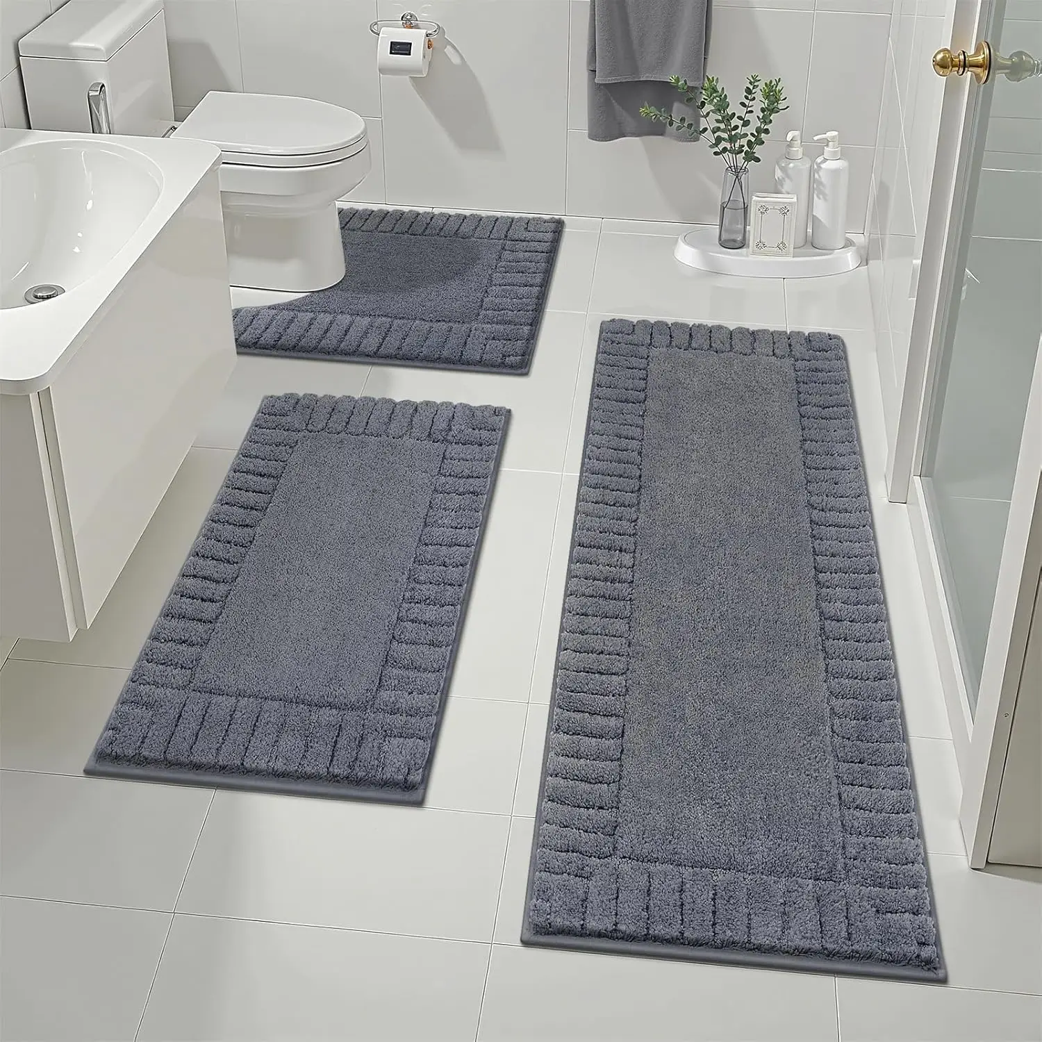 3-Piece Bathroom Rug Set with U-Shaped Toilet Mat, Absorbent Microfiber Plush, Non-Slip Shower Mats, Machine Washable, Dark Grey
3-Piece Bathroom Rug Set with U-Shaped Toilet Mat, Absorbent Microfiber Plush, Non-Slip Shower Mats, Machine Washable, Dark Grey