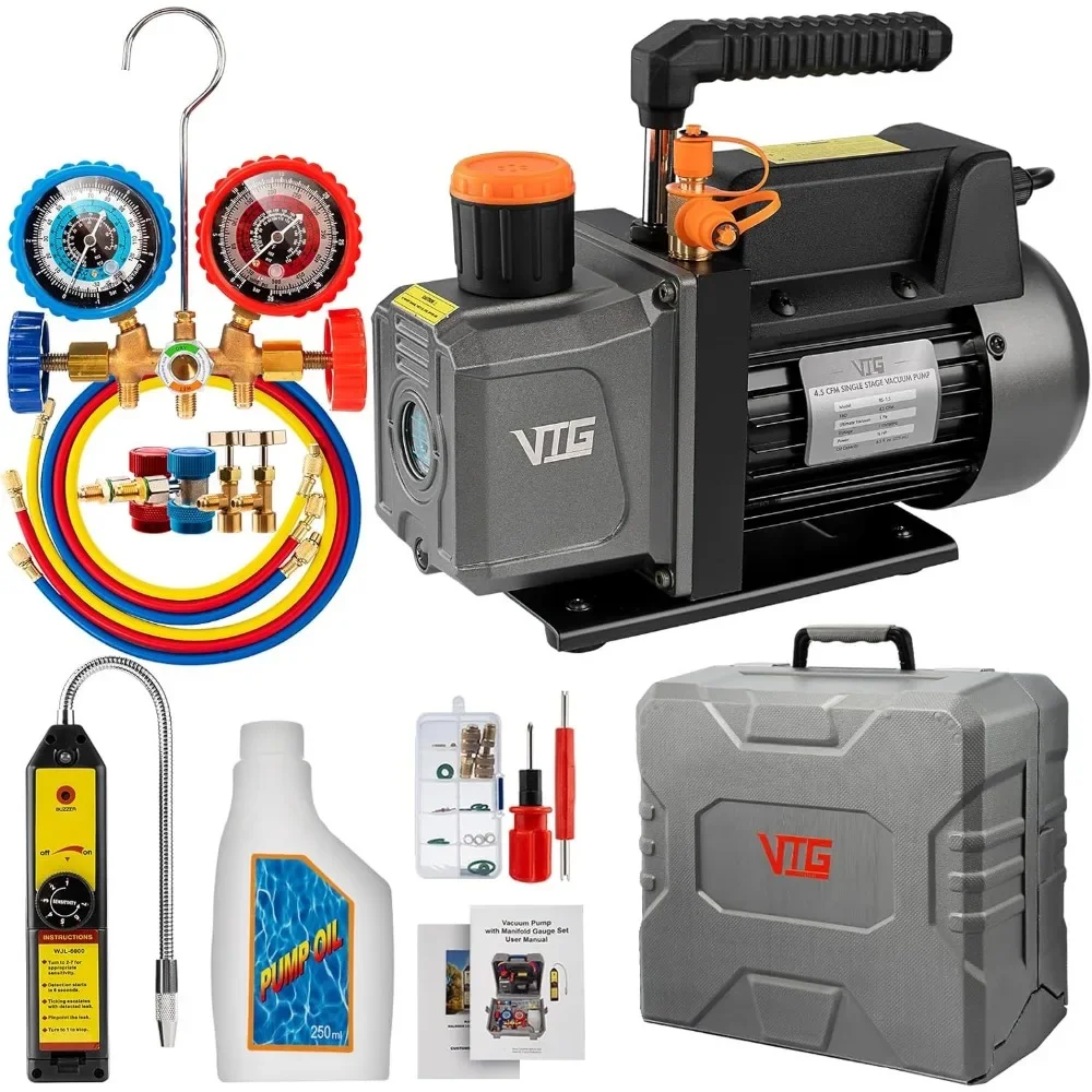 4.5 CFM AC Vacuum Pump and Gauge Set for Mini Split HVAC Auto Systems R134a R12 R22 R502 with Leak Detector
4.5 CFM AC Vacuum Pump and Gauge Set for Mini Split HVAC Auto Systems R134a R12 R22 R502 with Leak Detector