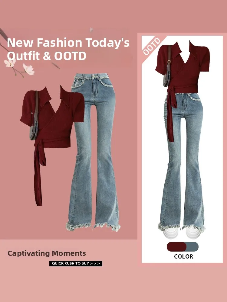 Korean Casual Design Red Tie V-ne ort Sve T-irt Set with Retro High Street Blue Jeans Two-piece Set Polyester Fiber
Korean Casual Design Red Tie V-ne ort Sve T-irt Set with Retro High Street Blue Jeans Two-piece Set Polyester Fiber