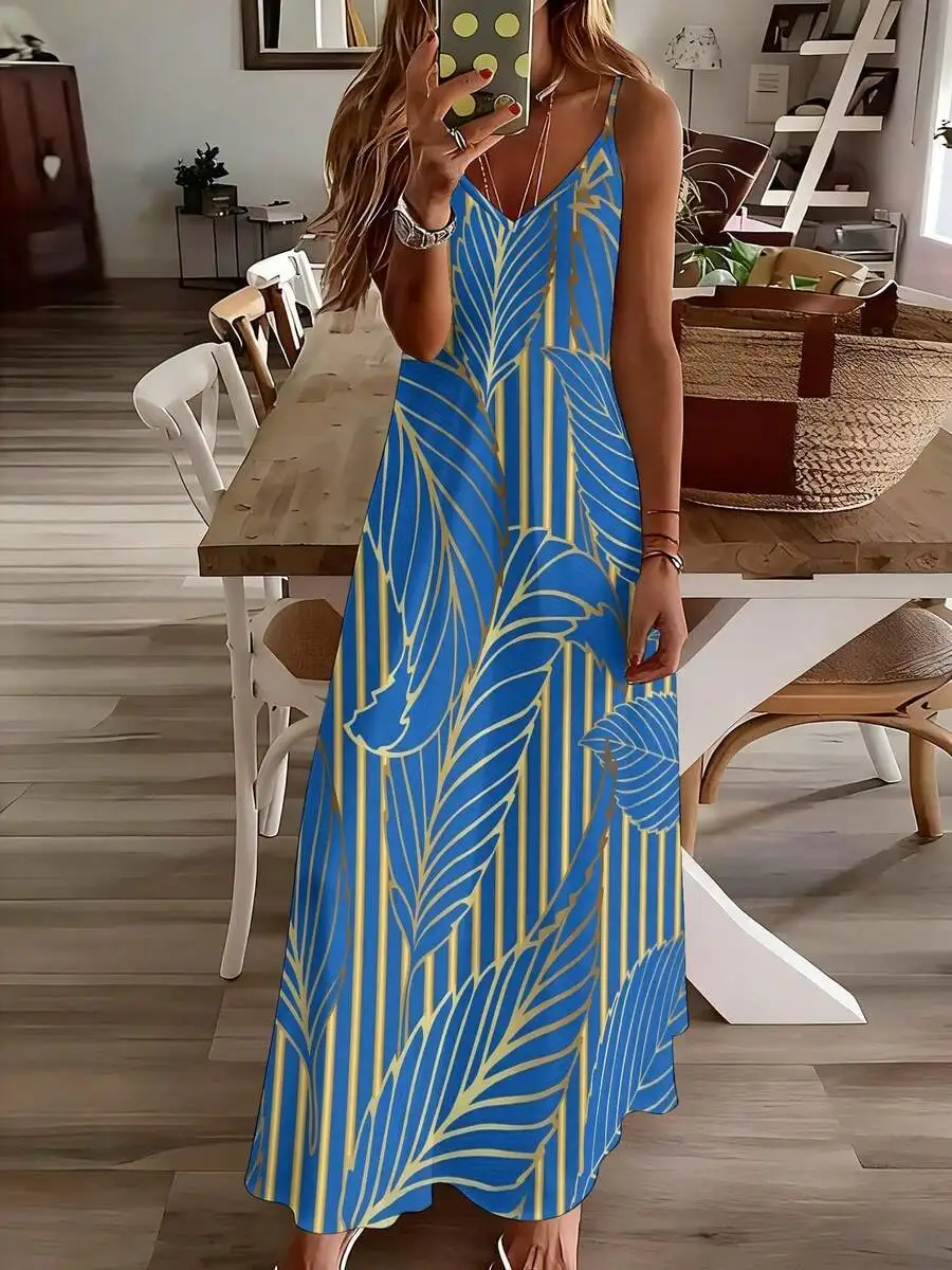 Blue Tropical Leaf Print V-Neck Halter Maxi Dress For Women Summer Casual Beach Wear
Blue Tropical Leaf Print V-Neck Halter Maxi Dress For Women Summer Casual Beach Wear