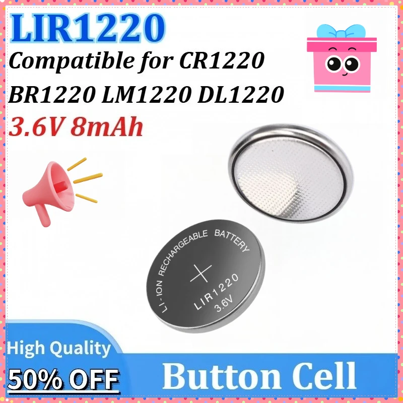 5-100PCS 3.6V 8mAh LIR1220 Lithium Rechargeable Battery for CR1220 LM1220 DL1220 BR1220 for Camera Clocks Watch Remote Control
5-100PCS 3.6V 8mAh LIR1220 Lithium Rechargeable Battery for CR1220 LM1220 DL1220 BR1220 for Camera Clocks Watch Remote Control