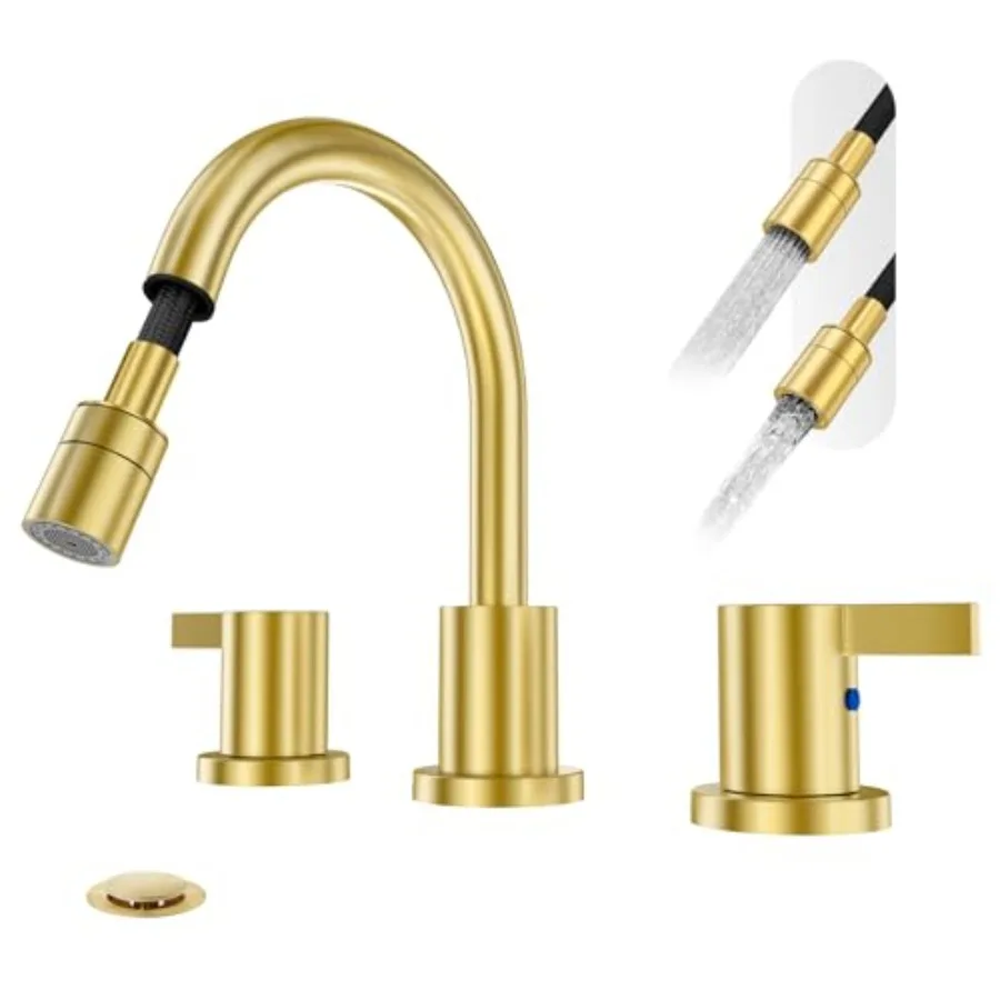 Pull Down Sprayer 8 Inch Bathroom Sink Faucet 2 Handles 3 Hole Widespread Pull Out Bathroom Faucet with Pop Up Drain and Water
Pull Down Sprayer 8 Inch Bathroom Sink Faucet 2 Handles 3 Hole Widespread Pull Out Bathroom Faucet with Pop Up Drain and Water