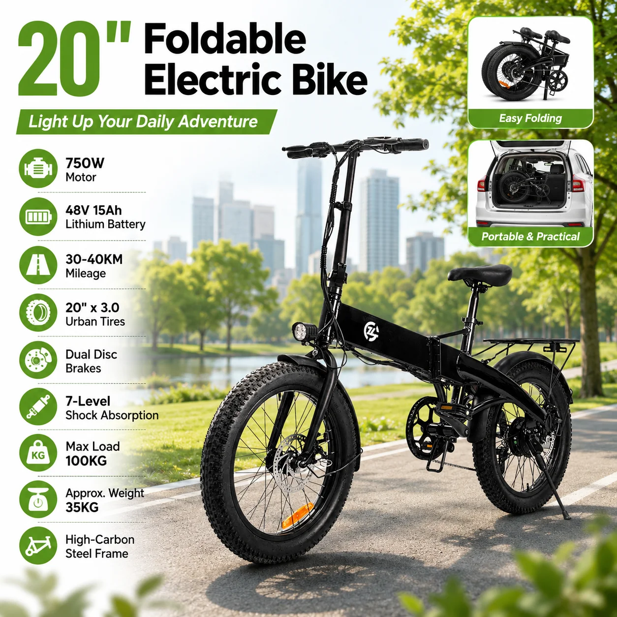 Z006 20 Inch Folding Electric Bike 750W Motor E-Bike 48V 15Ah Lithium Battery 3.0 Urban Tires Dual Disc Brakes Adult E-Bike
Z006 20 Inch Folding Electric Bike 750W Motor E-Bike 48V 15Ah Lithium Battery 3.0 Urban Tires Dual Disc Brakes Adult E-Bike