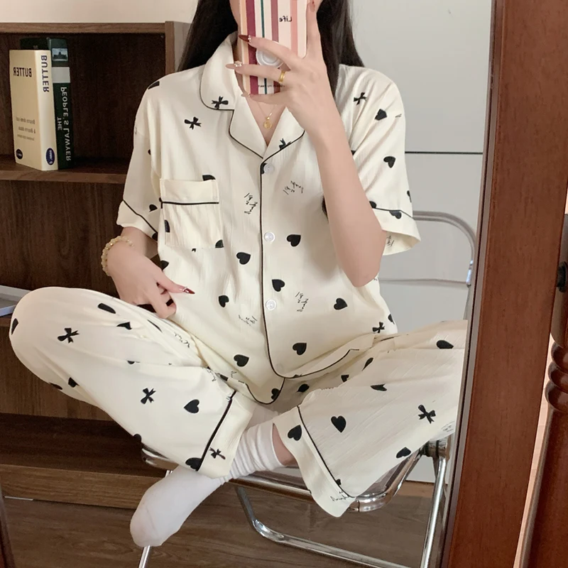 Wind Simple Bow Love Wrinkle Cloth Short Sleeve Pants Home Clothes Pajama Set Student Sleepwear Homewear Women's Nightwear
Wind Simple Bow Love Wrinkle Cloth Short Sleeve Pants Home Clothes Pajama Set Student Sleepwear Homewear Women's Nightwear