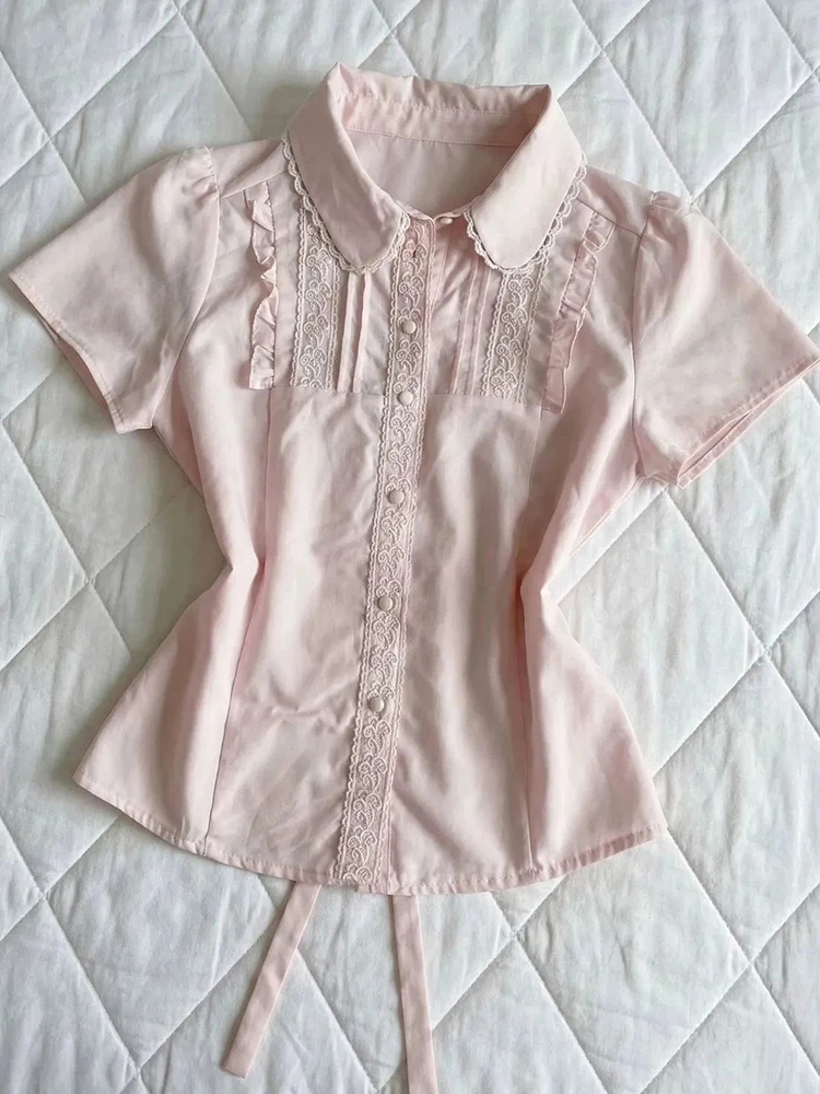 Women Sweet Pink Shirt Fashion Short Sleeve Cute Slim Blouse Summer Preppy Style Back Lace Up Female Lace Patchwork Kawaii Tops
Women Sweet Pink Shirt Fashion Short Sleeve Cute Slim Blouse Summer Preppy Style Back Lace Up Female Lace Patchwork Kawaii Tops