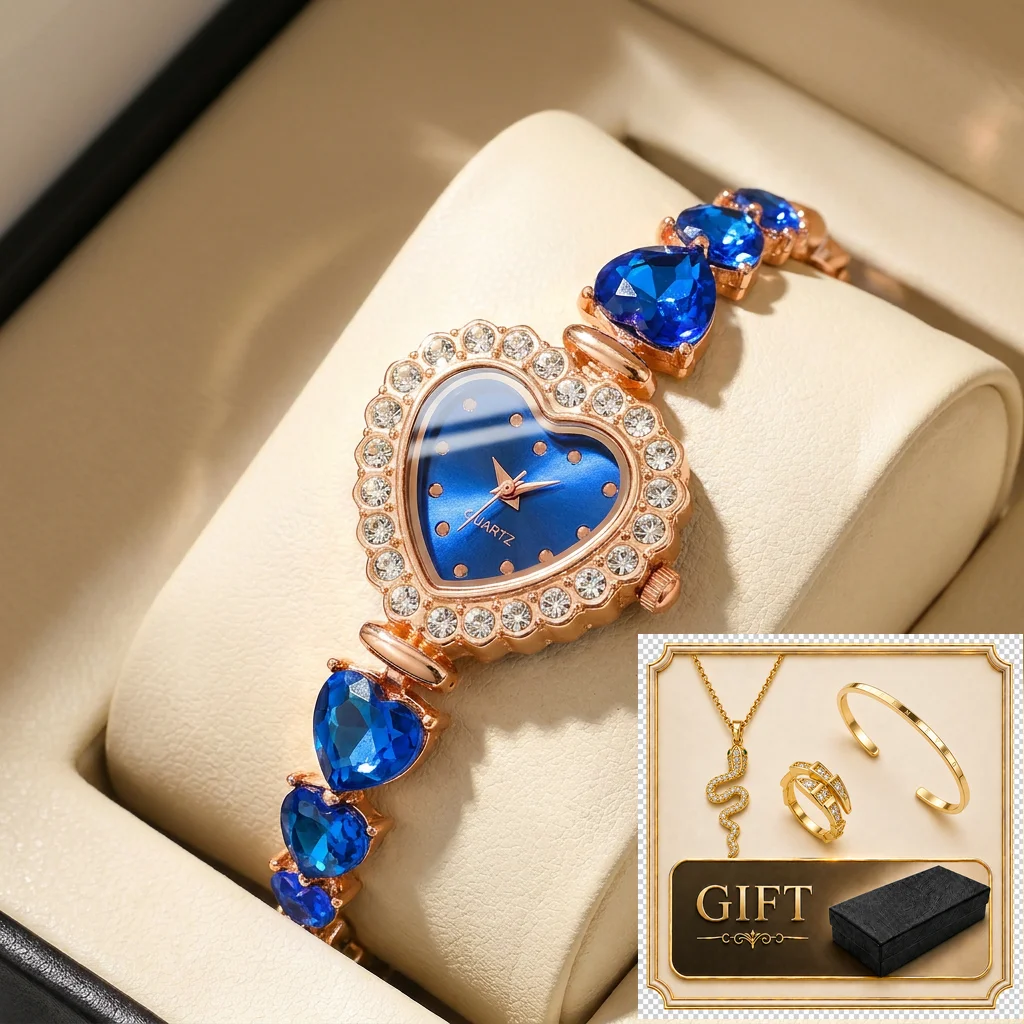 4pcs gift box set Women's blue dial alloy strap fashion heart jewelry details Quartz Watch Gift Box Set for party holiday
4pcs gift box set Women's blue dial alloy strap fashion heart jewelry details Quartz Watch Gift Box Set for party holiday