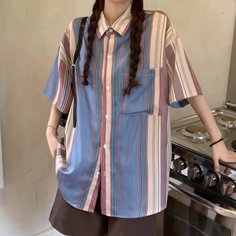 Vintage Striped Shirt Women Loose Short Sleeve Streetwear Casual Blouse Summer Pocket Retro Turn Down Collar Bf All Match Tops
Vintage Striped Shirt Women Loose Short Sleeve Streetwear Casual Blouse Summer Pocket Retro Turn Down Collar Bf All Match Tops