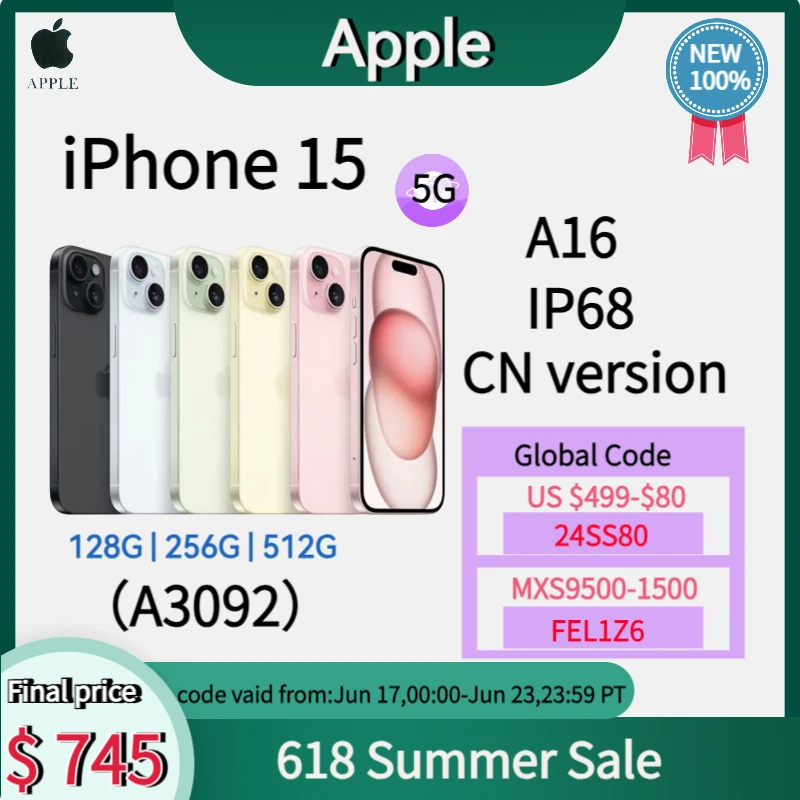 Apple iPhone 15 two Nano SIM IP68 китайская версия совершенно новая и неактивная оригинальная Подлинная продукция
Apple iPhone 15 two Nano SIM IP68 китайская версия совершенно новая и неактивная оригинальная Подлинная продукция
