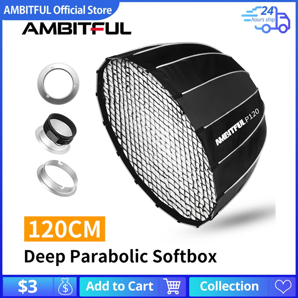AMBITFUL P120 Portable 120CM 16 Metal Rods Deep Parabolic Softbox + Honeycomb Grid Bowens Mount Studio Flash Speedlite Softbox
AMBITFUL P120 Portable 120CM 16 Metal Rods Deep Parabolic Softbox + Honeycomb Grid Bowens Mount Studio Flash Speedlite Softbox
