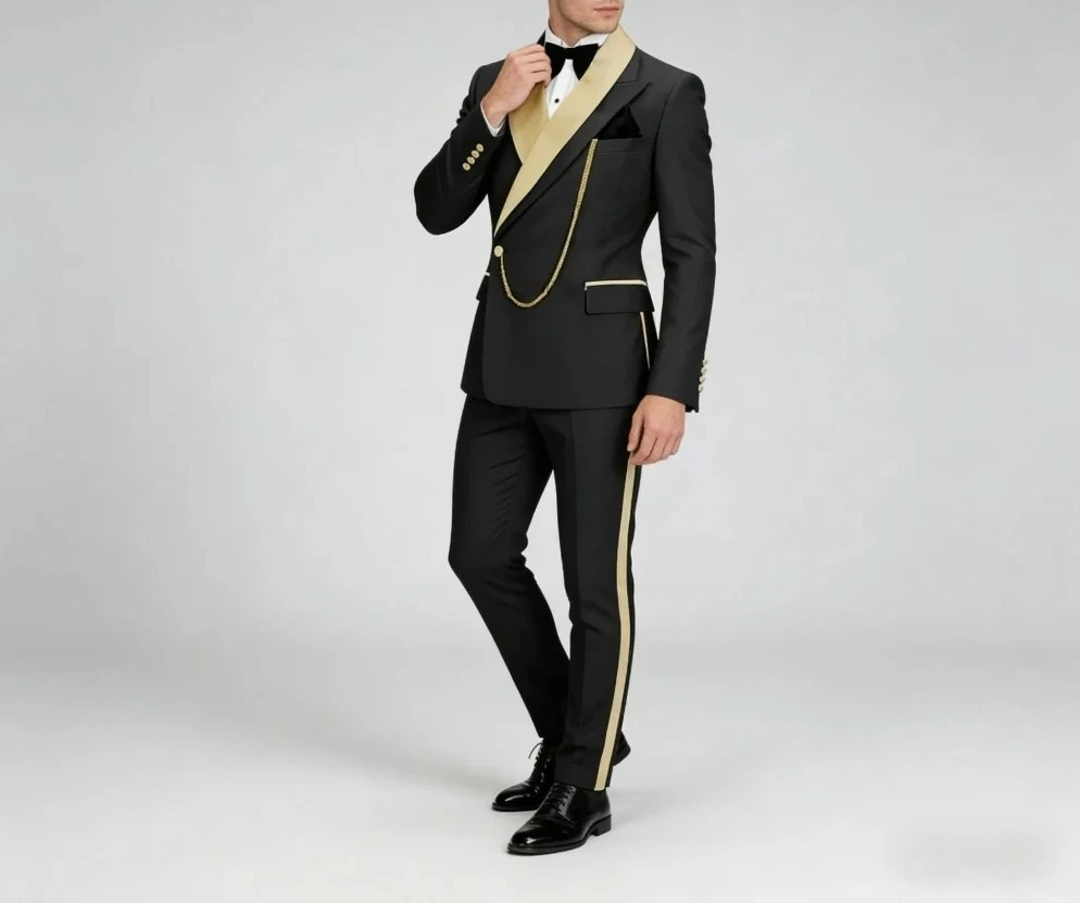 Black Gold Contrast Color For Men Wedding Formal Peak Lapel 2PCS Suit Groom Suit Set Jacket Pants Wedding Occasion Customized
Black Gold Contrast Color For Men Wedding Formal Peak Lapel 2PCS Suit Groom Suit Set Jacket Pants Wedding Occasion Customized