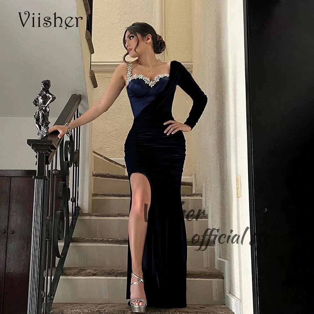 Viisher Black Velvet Mermaid Evening Dresses One Shoulder Beads Sweetheart Sexy Bodycon Prom Party Dress with Slit Formal Gown
Viisher Black Velvet Mermaid Evening Dresses One Shoulder Beads Sweetheart Sexy Bodycon Prom Party Dress with Slit Formal Gown