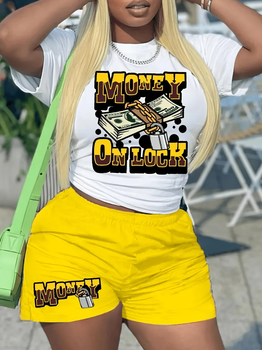LW Money Letter Print Shorts Set Women Spring Summer Matching Suit Graffiti Element Short Sleeve Round Neck Two Pieces Outfit
LW Money Letter Print Shorts Set Women Spring Summer Matching Suit Graffiti Element Short Sleeve Round Neck Two Pieces Outfit