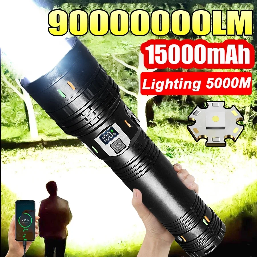 90000000LM Super Powerful LED Flashlights Rechargeable Torch Light Zoom 5000M Strong Light Tactical Flashlight Camping Lantern
90000000LM Super Powerful LED Flashlights Rechargeable Torch Light Zoom 5000M Strong Light Tactical Flashlight Camping Lantern