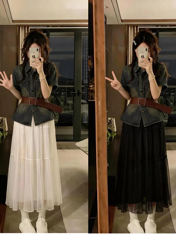 plus Size Retro Waist-Cinching Meat-Concealing Short Sleeve Women's Denim Top And Mesh Half Skirt Two-Piece Set Fashionable C...
plus Size Retro Waist-Cinching Meat-Concealing Short Sleeve Women's Denim Top And Mesh Half Skirt Two-Piece Set Fashionable C...