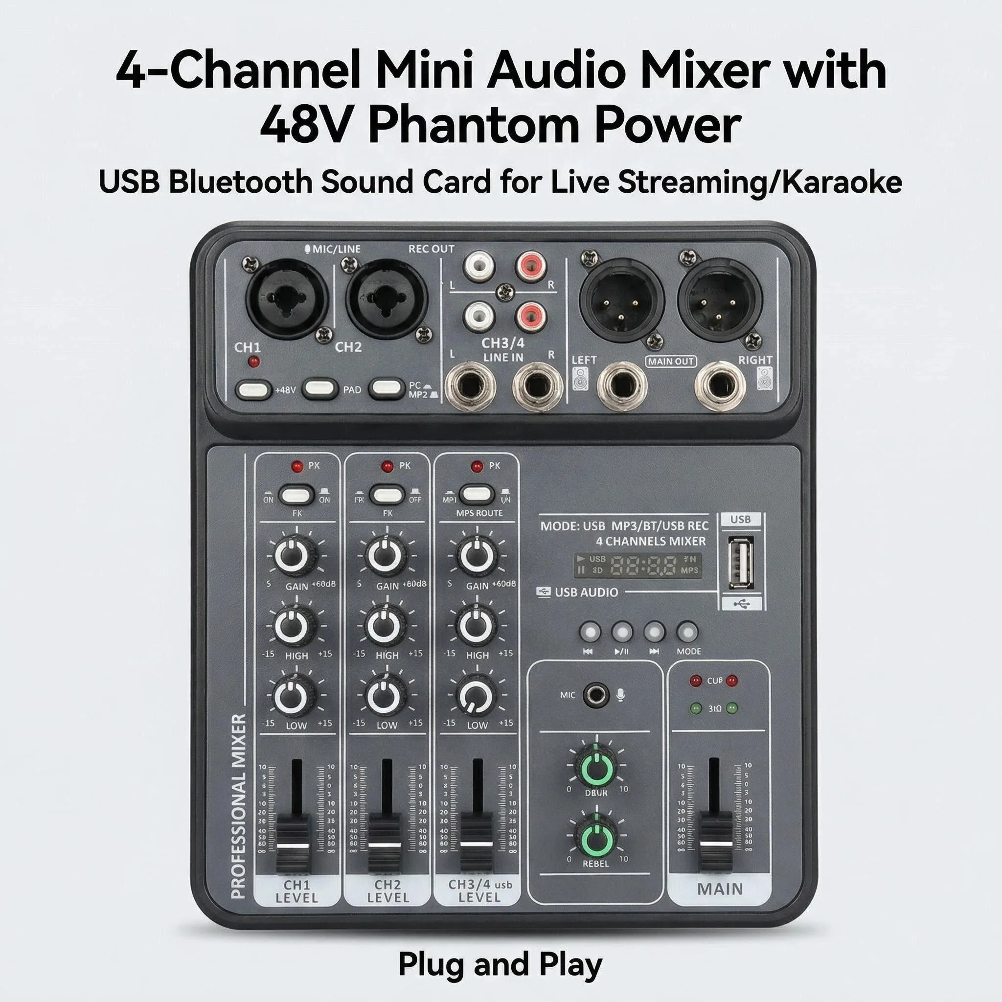 4-канальный мини-аудиомикшер с USB и Bluetooth, звуковая карта с фантомным питанием 48В, для прямых трансляций, караоке и записи подкастов
4-канальный мини-аудиомикшер с USB и Bluetooth, звуковая карта с фантомным питанием 48В, для прямых трансляций, караоке и записи подкастов