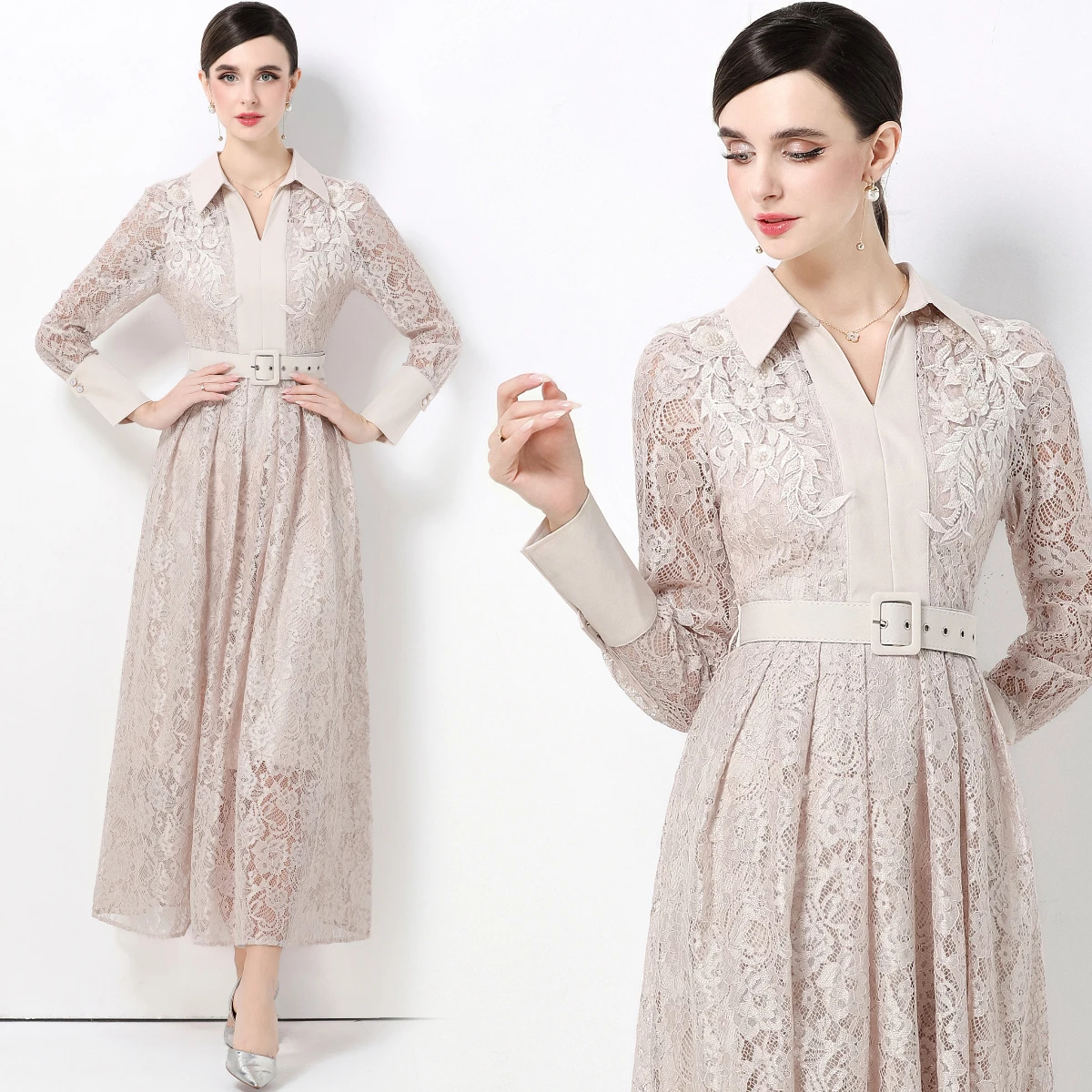 Elegant Collar Long Sleeve Lace Dress with Belt High Waist A-Line Midi Skirt Polyester Fiber Fashionable Luxury Women's ...
Elegant Collar Long Sleeve Lace Dress with Belt High Waist A-Line Midi Skirt Polyester Fiber Fashionable Luxury Women's ...