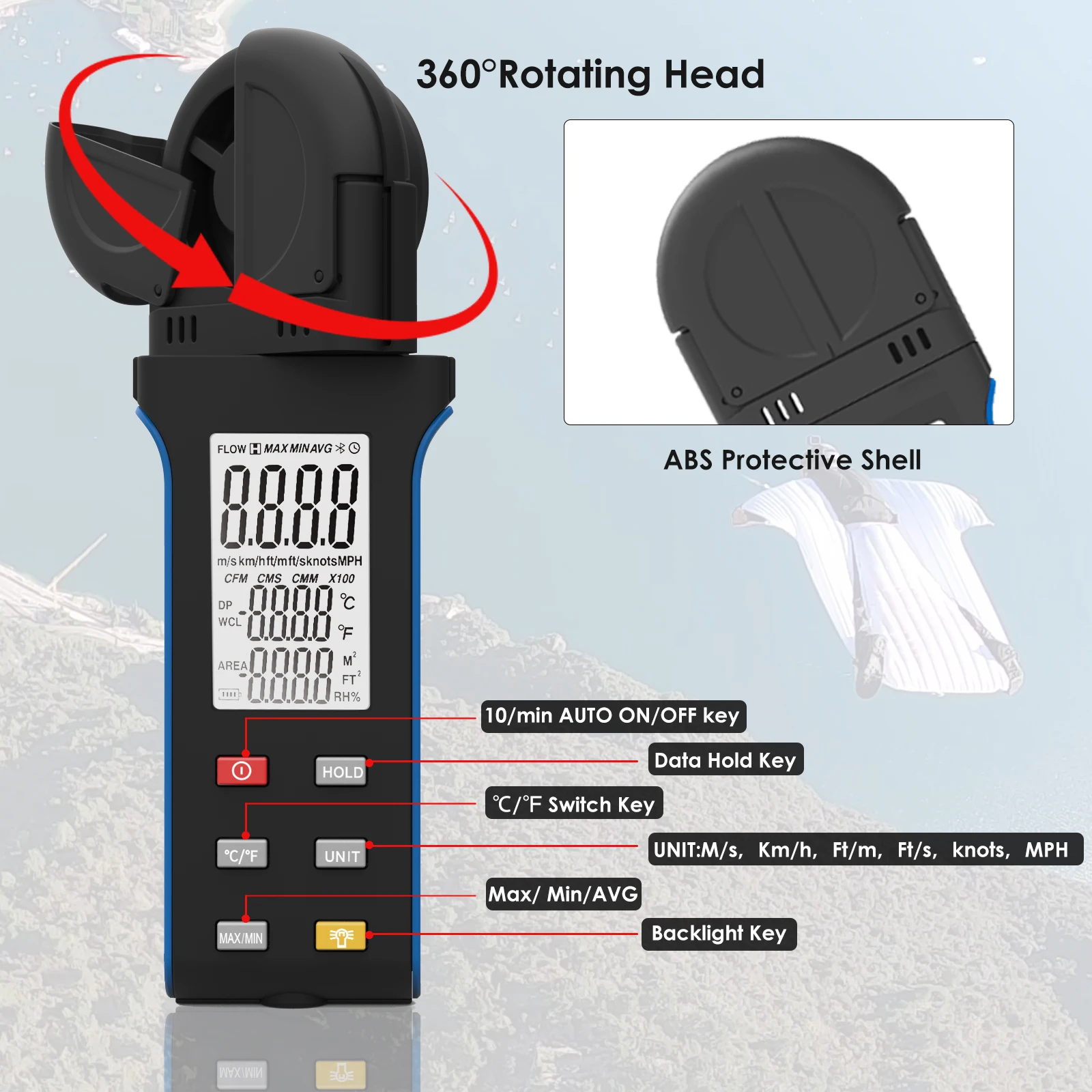 HP-5000K Anemometer 0.3-30m/s 6 Wind Units Temp Humidity MAX/AVG/MIN Backlight for Drone Kite Sailing
HP-5000K Anemometer 0.3-30m/s 6 Wind Units Temp Humidity MAX/AVG/MIN Backlight for Drone Kite Sailing