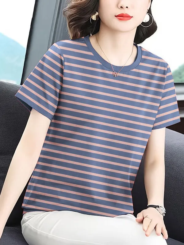 Summer Fashionable Striped Short Sleeve T-Shirt Women's Loose Belly Covering Top Mom Style Age-Defying Body Shirt
Summer Fashionable Striped Short Sleeve T-Shirt Women's Loose Belly Covering Top Mom Style Age-Defying Body Shirt