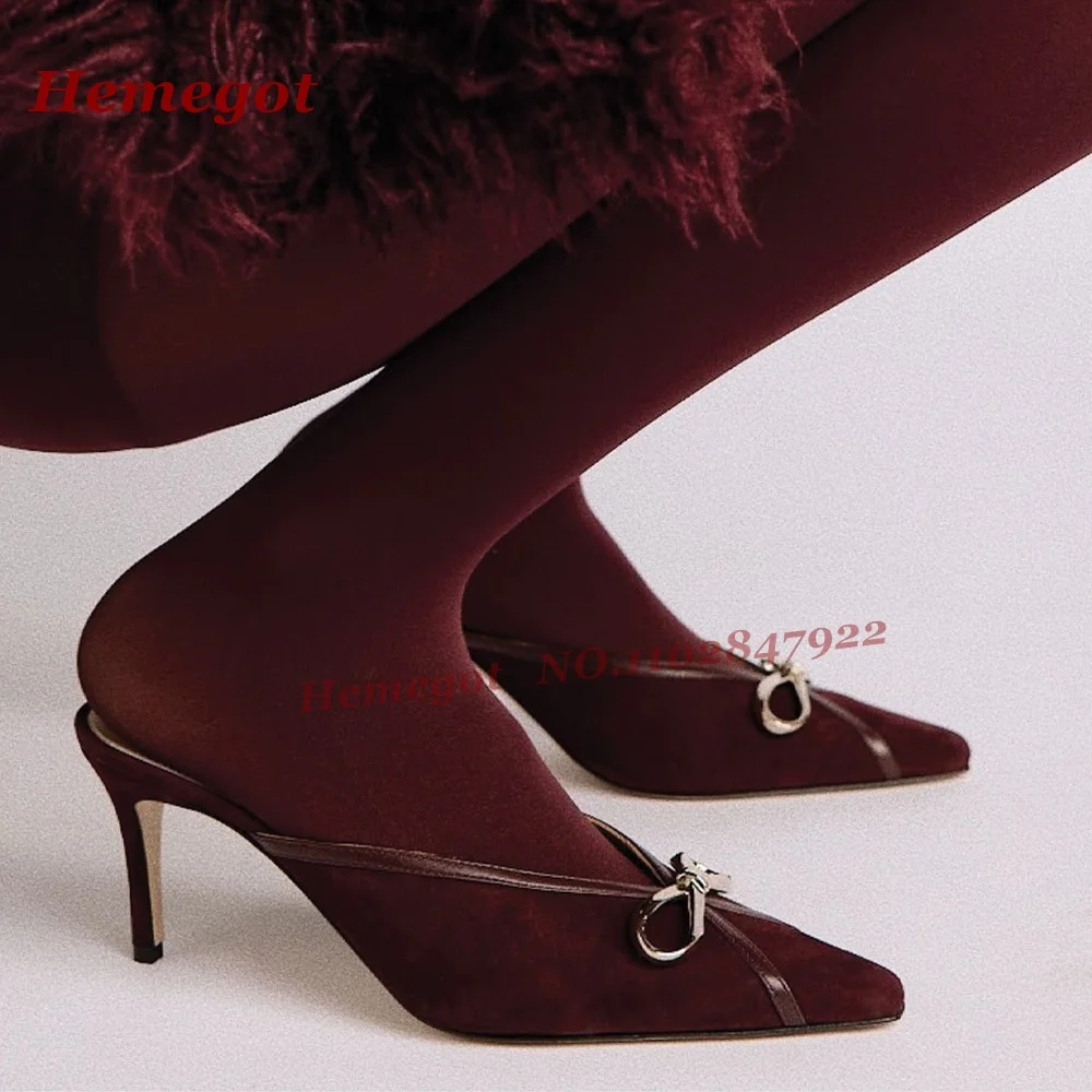 Metal Bow Detail Burgundy Suede Mules Pointy Toe Stiletto Heels Slip On Women's Slippers Patchwork Elegant Women's Shoes 2026
Metal Bow Detail Burgundy Suede Mules Pointy Toe Stiletto Heels Slip On Women's Slippers Patchwork Elegant Women's Shoes 2026
