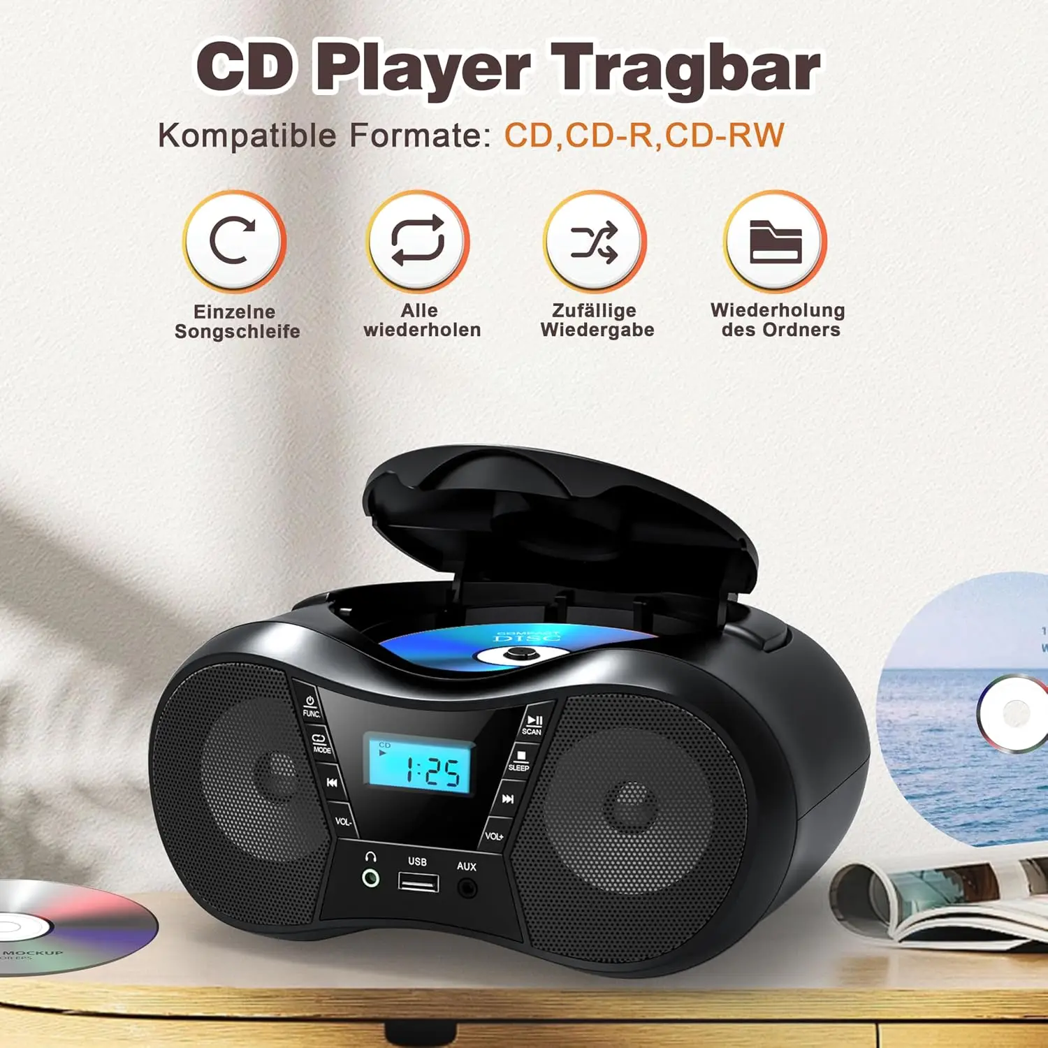 Portable Bluetooth CD Player Boombox Stereo FM Radio Speakers Support USB AUX Playback Dual Power Supply Portable Music Player
Portable Bluetooth CD Player Boombox Stereo FM Radio Speakers Support USB AUX Playback Dual Power Supply Portable Music Player