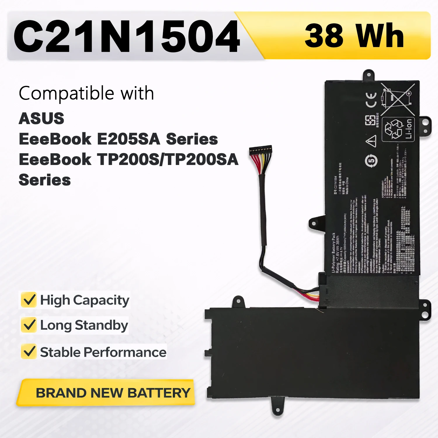 PowerHub C21N1504 B21N1504 7.6V 38Wh Laptop Battery for ASUS EeeBook E205SA TP200S TP200SA Replace 0B200-01710100
PowerHub C21N1504 B21N1504 7.6V 38Wh Laptop Battery for ASUS EeeBook E205SA TP200S TP200SA Replace 0B200-01710100