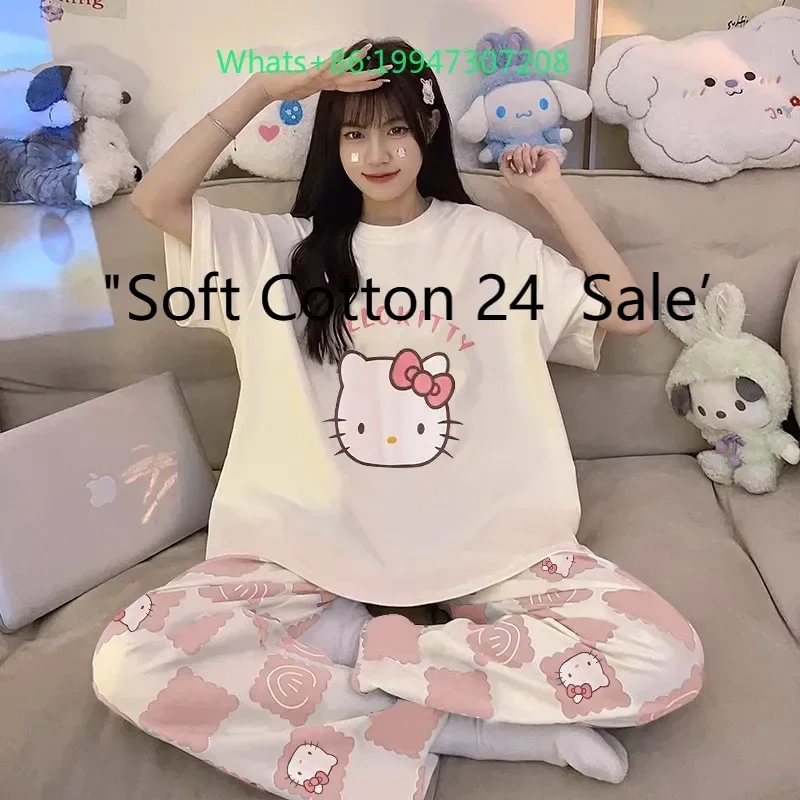 Summer white round neck imitation cotton cartoon Hello Kitty pajamas women's short-sleeved trousers can be worn out loungewear
Summer white round neck imitation cotton cartoon Hello Kitty pajamas women's short-sleeved trousers can be worn out loungewear